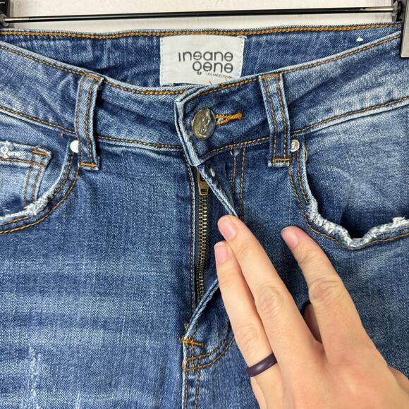 Insane Gene Medium Wash High Rise Distressed Frayed Hem Flare Jeans - Picture 7 of 10